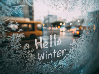 Frosty window display with Hello Winter message beside city traffic on a chilly day