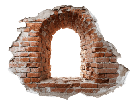 Brick wall with a large arch opening showing the view beyond in a minimalist style setting