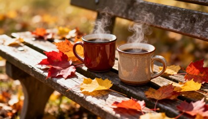 Two mugs of coffee on wooden bench with colorful fall leaves, romantic autumn picnic atmosphere