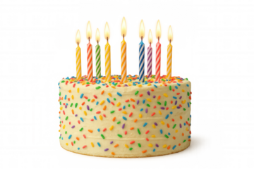 Birthday cake with lit candles and colorful sprinkles, celebrating a special event, transparent background