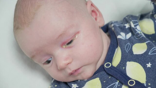 Baby eyes with eye mucus in selective focus. Disease tear ducts tons of newborns close up. Nasolacrimal duct obstruction in baby it is a blockage of the lacrimal drainage system. 