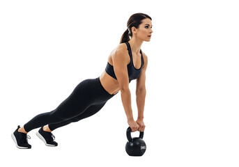 Person trainning woman doing plank with kettlebell isolated on transparent background