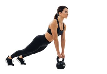 Person trainning woman doing plank with kettlebell isolated on transparent background