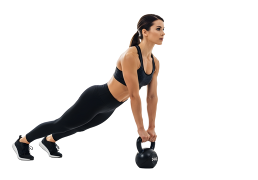 Person trainning woman doing plank with kettlebell isolated on transparent background - Powered by Adobe