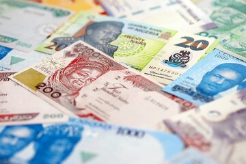 Nigerian naira currency money bills. The current banknotes lies on table in big amount close up