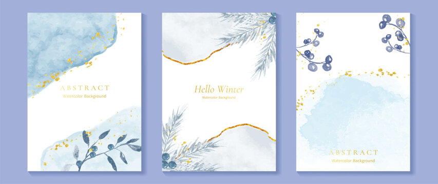 Luxury watercolor hello winter background vector illustration with gold trees and elegant decoration cards