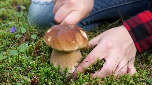 Extreme macro video of light brown bolete mushroom in emerald moss; hands in denim & plaid flannel clean/cut it. Creamy bokeh, dappled light. Concept of respectful mushroom foraging