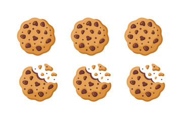 Chocolate chip cookies with bites taken out of them on a white background
