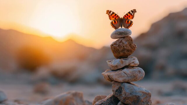A butterfly perches atop a small rock stack during sunset with a desert landscape in the background.