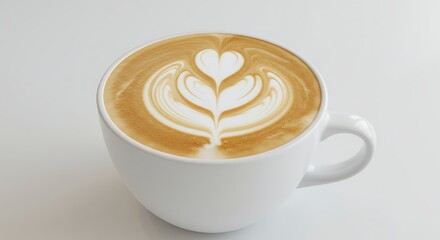 A freshly poured cappuccino with a delicate heart and rosetta latte art design in a white ceramic mug