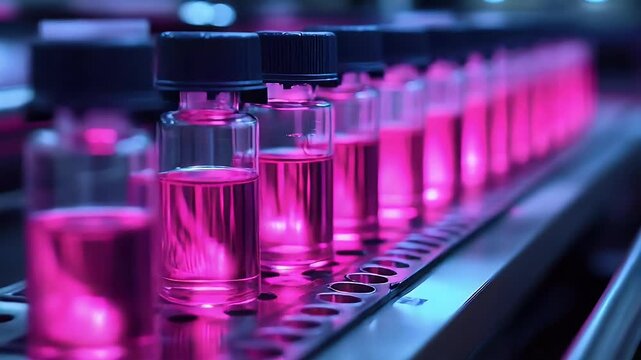 Close-up of glowing pink chemical vials moving along a futuristic pharmaceutical manufacturing conveyor belt.