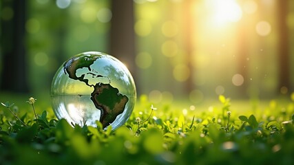 Globe Glass on green grass forest with sunlight. Environment, save world, earth day and conservation Concept.
