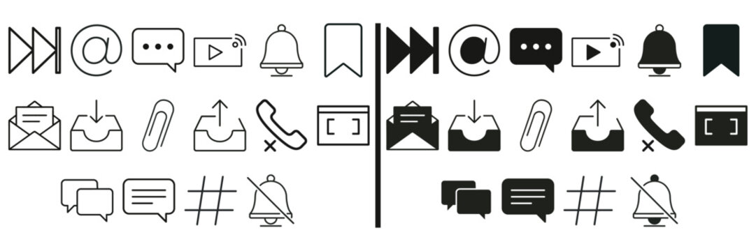 Icons Set for Digital Communication: A comprehensive collection of icons, symbolizing core elements of digital interaction and communication. Clear, concise design.