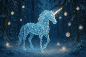 Frozen crystal unicorn glowing in snowy forest with holiday lights