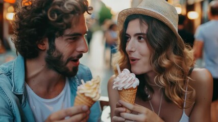 Happy couple sharing ice cream