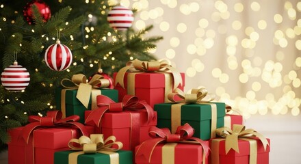 Pile of wrapped christmas presents under a decorated tree with bokeh lights in the background, festive holiday scene