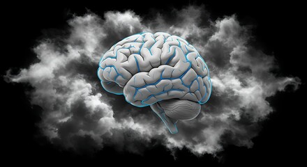 Abstract illustration of a human brain emerging from a cloud on a dark background