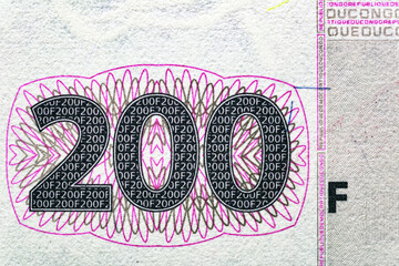 Congo 200 Francs 1997 Banknotes.Male fieldworker. Allegorical female sculpture "Agriculture".Bonistics.World money collection.Fragment banknote for design purpose.