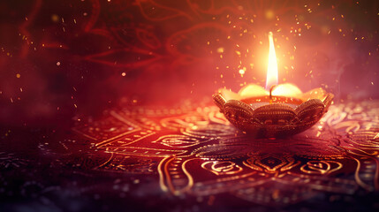 Fototapeta premium A single glowing diya rests on an ornate rangoli, casting warm, golden light across a festive surface. Perfect for Diwali, celebration, spirituality, and cozy home décor themes.