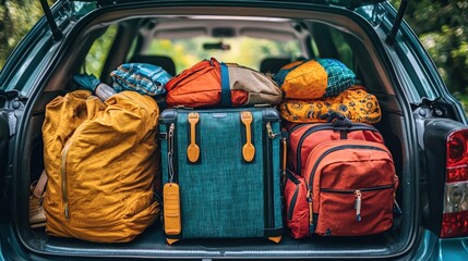 Packed car trunk ready for a road trip adventure with luggage and bags.