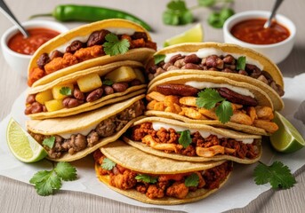 Colorful Mexican Tacos with Ground Beef, Chicken, Beans, and Cilantro on Wooden Table