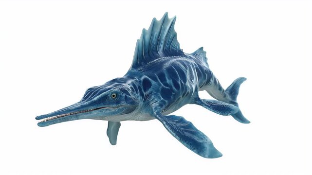Detailed Blue Ichthyosaur Model Isolated on White Background.
