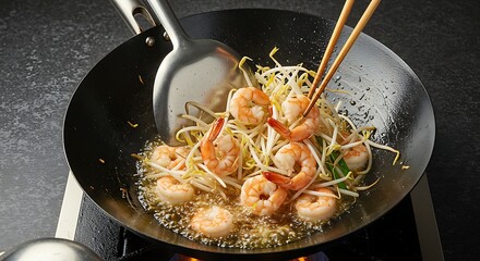Stir-fried Shrimp with Bean Sprouts in a Wok Delicious and Authentic Asian Cuisine