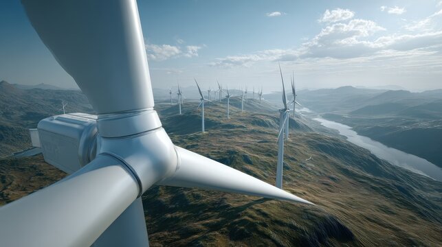 Wind turbines on mountain ridge generating renewable energy, clean power technology landscape with blue sky and river valley, sustainable electricity production and green energy future concept