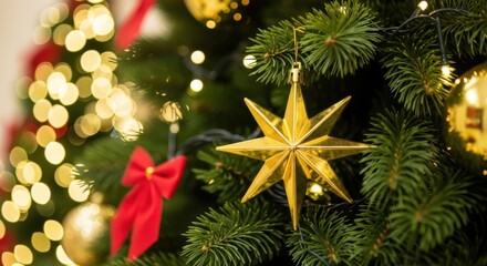 Closeup of a golden star ornament hanging on a green christmas tree branch with red bow and bokeh lights in the background