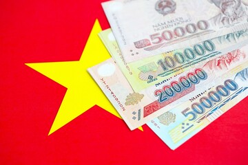 Vietnamese dong currency money bills lies on flag close up. The concept of business and investment