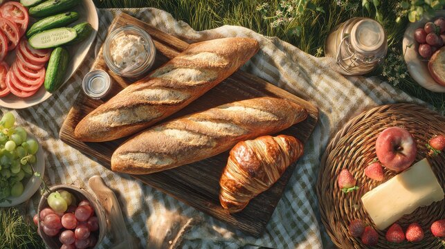 Rustic picnic in green meadow with fresh baguettes, fruits and croissant, healthy outdoor meal setup in natural light, cozy countryside food photography for summer lunch and lifestyle concept - Powered by Adobe