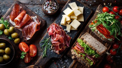 Rustic antipasto platter with prosciutto, cheese cubes, olives, grilled sandwiches and fresh arugula, Italian gourmet appetizer, Mediterranean food photography and traditional lunch concept