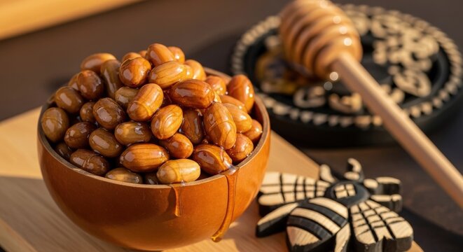 Golden Nectar of Angola: Ginguba com Mel in Gourd Bowl with Chokwe Dipper & Bee Carving