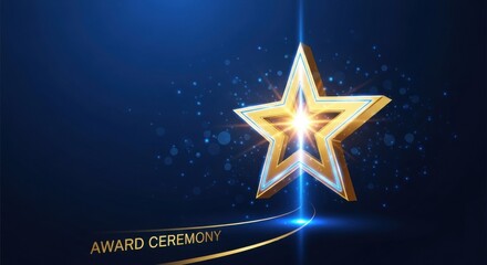 Golden star award on a dark blue background with bokeh and light effects, symbolizing achievement and success in an award ceremony