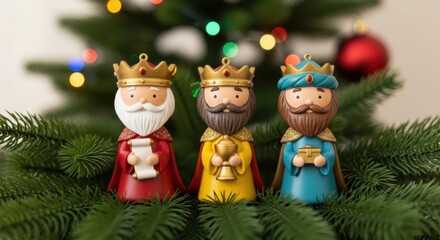 Three wise men figurines with crowns and beards, standing on a christmas tree branch with festive bokeh lights