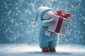  A snowman is hugging a giant Christmas present.