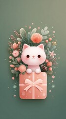 a sticker of a Christmas gift with a fluffy cat poking his head out