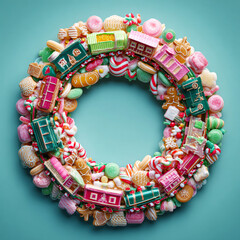Christmas wreath with candy and gingerbread, featuring a toy train