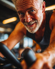 Determined Senior Man Exercising on Spin Bike