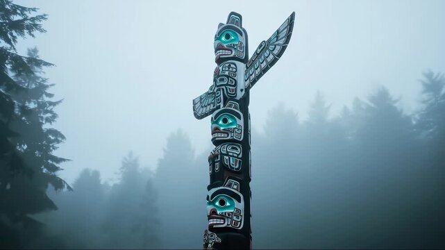 ancient culture, spiritual symbol. sacred totem pole with glowing eyes stands in a misty forest, evoking a mystical and reverent mood.