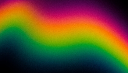 Vibrant rainbow grainy gradient wave on dark background. Psychedelic colorful abstract flow texture for music cover, poster, or creative design.