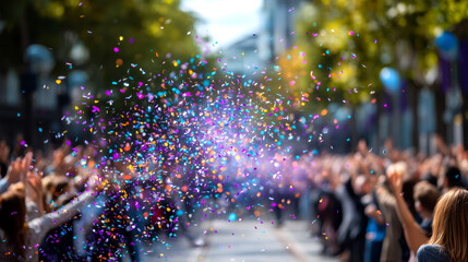 Vibrant confetti bursts celebrate joyful outdoor event with cheering crowd and festive atmosphere creating unforgettable moments