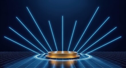 Futuristic golden podium surrounded by radiating blue neon lights on a digital grid floor, representing a stage for innovation and technology