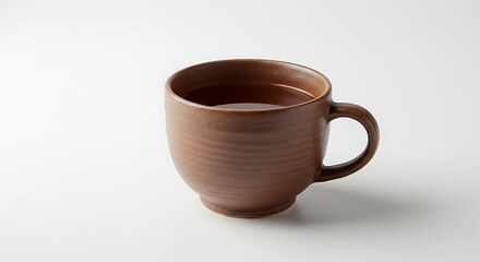 Brown ceramic mug filled with dark liquid, likely tea or coffee, on a white background