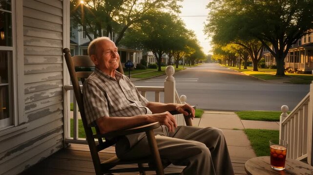Caucasian man resting in a rocking chair on a porch, enjoying a drink at sunset, showing relaxation and tranquility.