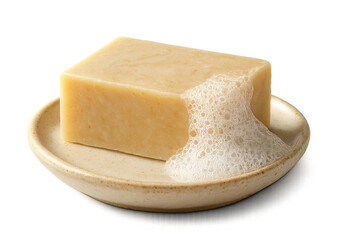 Artisan Soap Bar on Ceramic Dish with Foam Bubbles, Realistic Lighting, Transparent Background