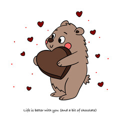 Hand-drawn Valentine’s Day poster with cute teddy bear holding box of chocolate candies with sweet love quote below