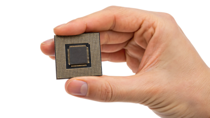 hand holding a CPU chip isolated