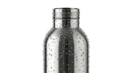 Close-up of a sleek, reusable metal water bottle covered in condensation droplets on a white background