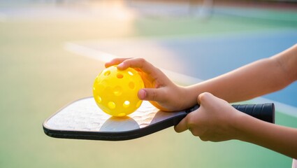 Person holding pickleball paddle and yellow wiffle ball, preparing to serve on an outdoor court, symbolizing active leisure, sport, fitness, and healthy lifestyle activities